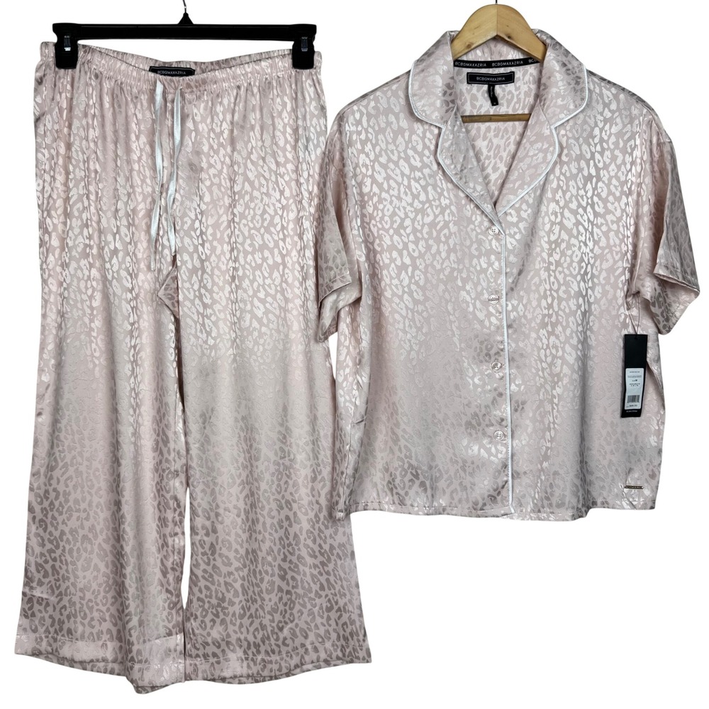 New BCBGMAXAZRIA Pajama Set Womens M Mauve Chalk Leopard Jacquard Satin Lounge‎